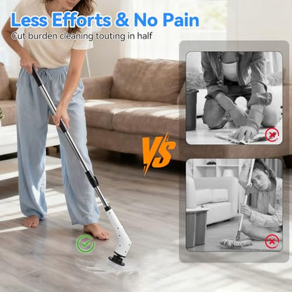 Electric Cordless Spin Scrubber – 2-Speed High-Efficiency Adjustable Portable Cleaning Brush for Home, 8 Replaceable Brush Heads for 360° Powerful Cleaning in Bathroom, Kitchen, Car(Pure White)
