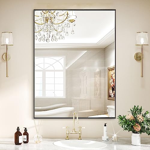 LEDLUX 24x30 Inch Black Bathroom Mirror, Copper-Free Mirror, Aluminum Alloy Frame Vanity Mirror, Rectangle Wall Mounted Mirror, Modern Mirror for Bedroom/Living Room/Porch Horizontal or Vertical - color: Black, size: 24"L x 30"W