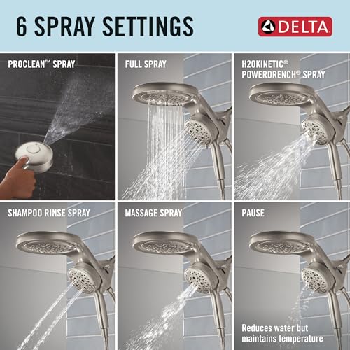 Delta 6-Setting HydroRain Premium 2-in-1 Dual Shower Head with ProClean Spray, Brushed Nickel High Pressure Shower Head with Handheld Spray, 1.75 GPM Flow Rate, LumicoatStainless 56000-SS-PR25 - color: Lumicoat Stainless