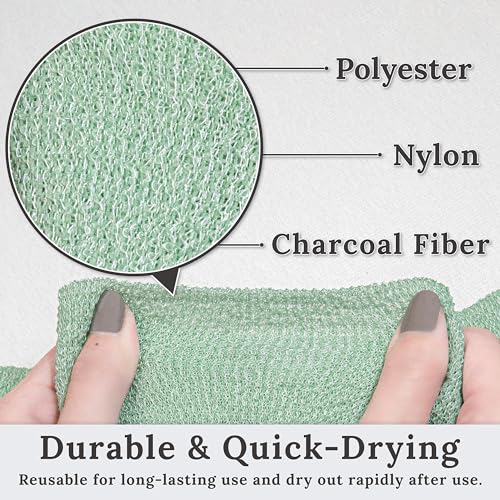 myHomeBody Exfoliating Washcloths for Showering, Light Green, Set of 2 | Stretches for Hard-to-Reach Areas, Loofah Body Scrubber Exfoliator, Back Shower Towel, Bath Washer for Exfoliation