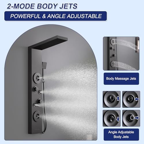 5 in 1 Rainfall Shower Panel Tower with Tub Spout, Matte Black | Stainless Steel Shower Column with 2-Setting Body Massage Jets, Flexible Handheld and Waterfall Tub Spout - color: Matte Black
