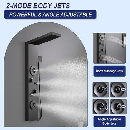 5 in 1 Rainfall Shower Panel Tower with Tub Spout, Matte Black | Stainless Steel Shower Column with 2-Setting Body Massage Jets, Flexible Handheld and Waterfall Tub Spout - color: Matte Black