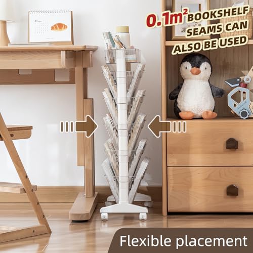 5 Tier Rolling Book Cart Multi-Functional Movable Storage Bookshelves | rolling bookshelf,Movable Storage Bookshelves with Lockable Wheels for Study Office Library Classroom, - color: Transparent White