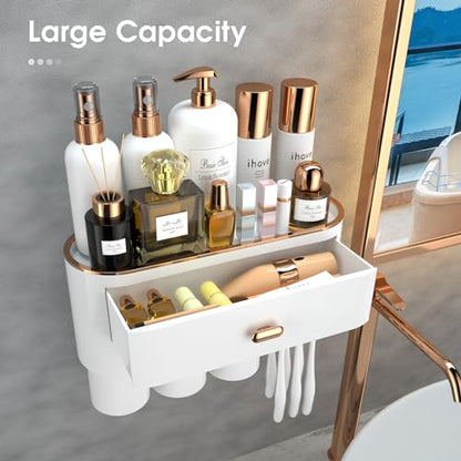 iHave Toothbrush Holders for Bathrooms, Wall Mounted Toothbrush Organizer | Elegant White & Gold Bathroom Decor: 3 Cups, 6 Slots, Large Tray & Drawer Wall Mount Toothbrush Organizer, No Drilling - size: 3 cup