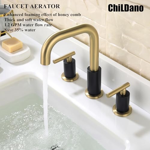 ChiLDano 8 inch Widespread Bathroom Faucet with Drain and Supply Hose | Black and Gold Bathroom Faucet for Sink 3 Hole , 2 Handle Bathroom Sink Faucet CH3166BGB - color: Black & Gold