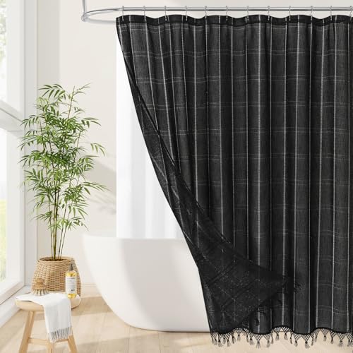 Linen Boho Farmhouse Shower Curtain Set with Tassel, Modern Bohemian French Country Chic Bathroom Shower Curtain Set with PEVA Liner, Cotton Luxury Fabric Shower Curtain,72x72 - Black - color: Black, size: 72"W x 72"L (Pack of 1)