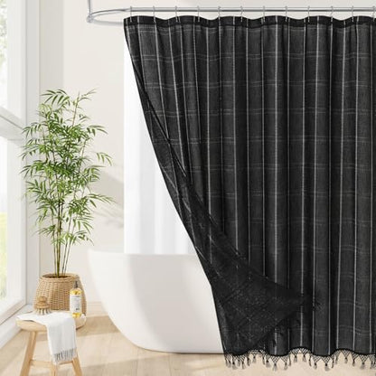 Linen Boho Farmhouse Shower Curtain Set with Tassel, Modern Bohemian French Country Chic Bathroom Shower Curtain Set with PEVA Liner, Cotton Luxury Fabric Shower Curtain,72x72 - Black - color: Black, size: 72"W x 72"L (Pack of 1)