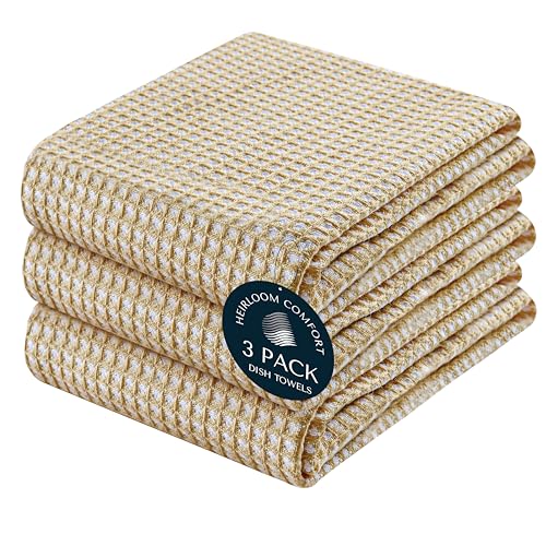 3 Pack 100% Cotton Dual Tone Waffle Weave Kitchen Towels, 16x26 Inch, Super Absorbent, Fast Dry Dishcloth Set, Soft and Durable, Beige - color: Beige, size: 16 x 26 - Pack of 3
