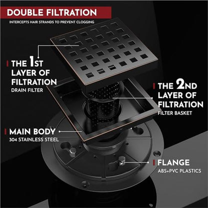 4 Inch Square Shower Floor Drain with Flange,Quadrato Pattern Grate Removable,Food-Grade SUS 304 Stainless Steel,Watermark&CUPC Certified,Oil Rubbed Bronze - color: Oil Rubbed Bronze, size: 4 Inch