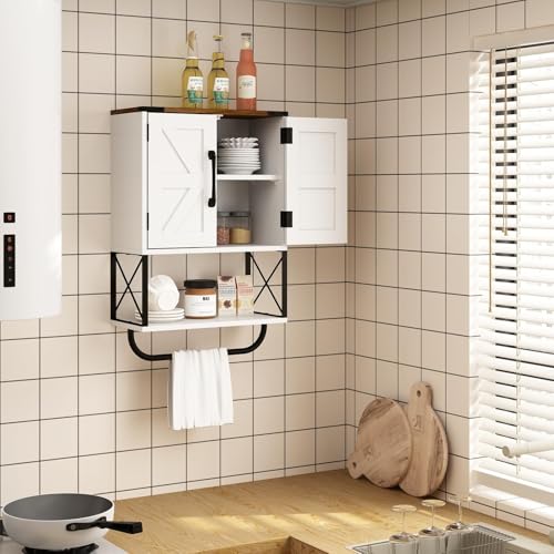 RUSTOWN Farmhouse Rustic Medicine Cabinet with Two Barn Door,Wood Wall Mounted Storage Cabinet w/Dark Brown Top & Adjustable Shelf and Towel Bar, 3-Tier Cabinet for Bathroom(White) | Dark Brown Top, Adjustable Shelf, Towel Bar, 3-Tier Rustic Wood Wall Mou