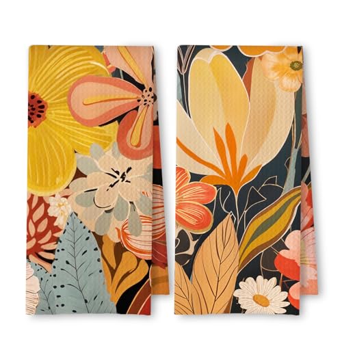 Abstract Boho Floral Kitchen Towels Set of 2, Maximalist Colorful Flower Hand Towels for Bathroom Decor, Mid Century Modern Dish Tea Towels for Kitchen Decor, 16x24 Inch - color: Maximalist Colorful