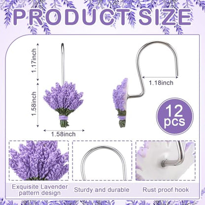 12 Pcs Lavender Shower Curtain Hooks Purple Floral Decorative Hooks Rings Bulk Cute Hanger Stainless Steel Resin Spring Flower Themed Shower Hook for Bathroom Bedroom Home Living Room Decor - style: Lavender