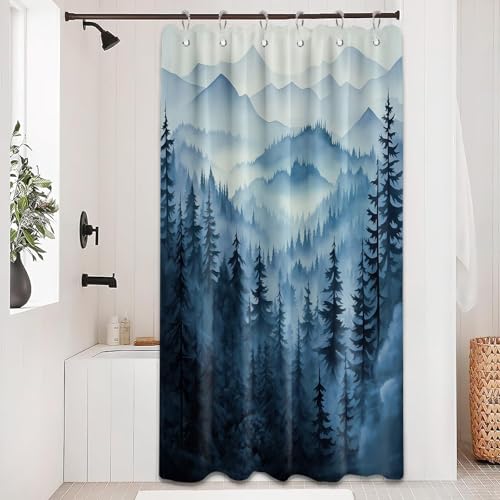 Navy Blue Forest Shower Curtain Dark Blue Mountain Nature Shower Curtains for Mens Bathroom Decor, Waterproof Fabric with Hooks, 36x72in - color: Blue, size: 36"W x 72"L (Pack of 1)