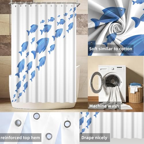 Yeele Blue School of Fish Shower Curtain, Nautical Coastal Ocean Print Shower Curtain Set, Waterproof Machine Washable Fabric Curtain 60x72 Inch with Hooks - color: Blue White 2, size: 60"Wx72"L