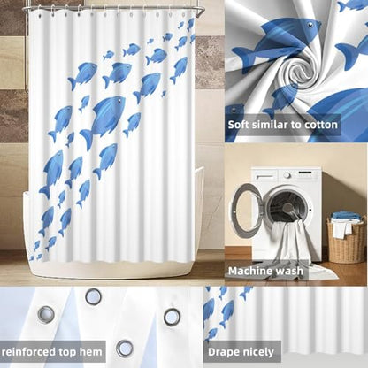 Yeele Blue School of Fish Shower Curtain, Nautical Coastal Ocean Print Shower Curtain Set, Waterproof Machine Washable Fabric Curtain 60x72 Inch with Hooks - color: Blue White 2, size: 60"Wx72"L