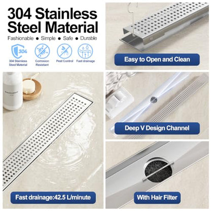 Neodrain 28" Linear Shower Drain, Brushed 304 SS Bathroom Linear Drain,cUPC | Brushed Nickel Shower Drain with Quadrato Grate& Adjustable Feet, Long Rectangle Shower Floor Drain in Bathroom, Balcony etc - color: Brushed Nickel, size: 28 In