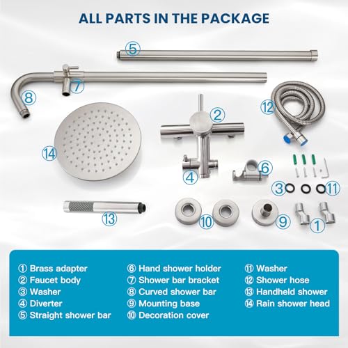 gotonovo 304 Stainless Steel Outdoor Shower Fixtures Exposed,Brushed Nickel | 8 Inch Rain Showerhead with Handheld Sprayer Outdoor Outside Shower Kit System Faucet Head Valve Wall Mount for Pool Backyard - color: Nickel