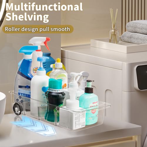 Roll-Out Refrigerator Organizers and Storage, 3 Pack Drawer Fridge Bins | Rolling Fridge Caddy, Silicone Wheels, Adjustable Dividers, Plastic Refrigerator Tray, for Fridge, Pantry, Bathroom & Kitchen - size: 3pack