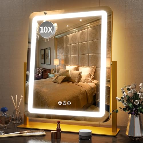 FENNIO Vanity Mirror with Lights 22 Inch- LED Lighted Makeup Mirror,Large Makeup Mirror with Lights,Touch Screen with 3-Color Lighting,Led Mirror Makeup,Dimmable(Gold) - color: Gold, size: 22"L x 19"W