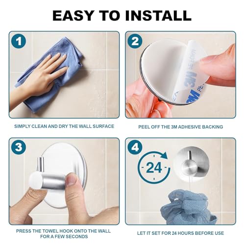 Towel Hooks for Bathroom (4 Pack) Adhesive Towel Hook Shower Hooks for Inside Shower - Sticky Bathroom Wall Hooks for Hanging Towels, Robe, Loofah, Bath Sponge - Brushed Nickel Towel Hooks - color: Silver