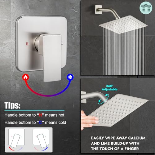 Heyalan 8-Inch Square Rain Shower Faucet Set with Valve, Brushed Nickel | SUS304 stainless steel shower head, male NPT 1/2-inch valve, single-handle control, adjustable angle, 1.8 GPM - color: Nickel