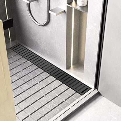 BARONAGE 28 Inch Linear Shower Drain, Capsule Grate, Matte Black | V-shaped Rapid Linear Drains, Rustproof, Hair Catcher, 304 Stainless Steel Rectangle Shower Floor Drain For Bathroom - size: 28 Inch