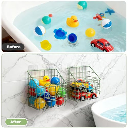Greentainer 2 Pack Bath Toy Storage Organizer, Large Rustproof Metal Wire Basket, Wall Mounted Hanging Bathtub Holder, Bathroom Shower Caddy for Tub Toys & Toiletries - color: Green-frog