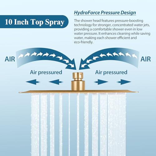 Brushed Gold Square Rainfall Shower Head Set with Handheld, 10" | Wall Mounted Bathroom Shower Faucet, 10 Inch Square Head, With Shower Valve, Rustproof Brushed Gold, High Pressure Raindrop - color: Brushed Gold, style: 2 Setting-10in