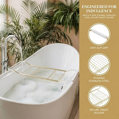 Cabilock Luxury Stainless Steel Bathtub Caddy Tray - 24.8in Expandable Modern Bath Rack for Tub with Wine Glass & Book Holder - Rustproof Shower Organizer & Tablet Stand for Home Spa, Gold - color: Golden