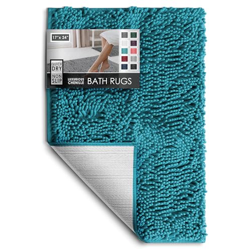 Hearth & Harbor Bathroom Rugs, Chenille Bath Mat - Machine Washable Bath Mats for Bathroom Non-Slip Backing Rubber, Quick Dry Bathroom Mat - color: Teal, style: 17 x 24