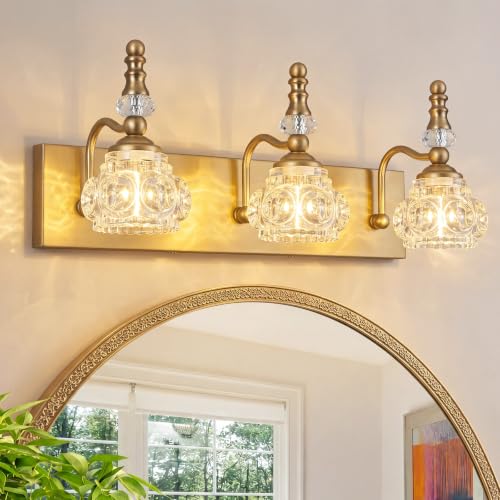 Modern Glass Crystal Vanity Light - Vintage Bathroom Lighting Fixtures Over Mirror, 3 Light Vanity Lights G9 Bulb (19.68 Inch,Brass) - color: Brass, size: 3-light