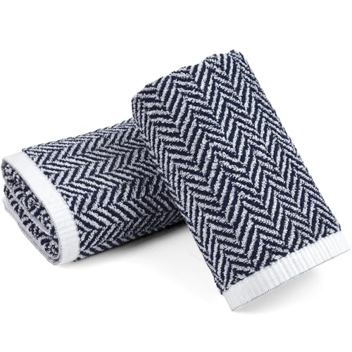 Cleanbear Bathroom Hand Towels with Herringbone Pattern - Cotton, 2-Pack | 13 x 28 Inches Striped Hand Towels, Soft Absorbent Decorative Towels for Modern Home, Navy-Blue and White - color: Navy-blue