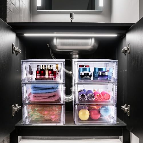 4 Pack Clear Stackable Storage Drawers, 3.95" H Easily Assemble Acrylic Organizer Bins - Multi-Use for Make up, Closet, Pantry, Bathroom, Medicine, Kitchen Cabinet & Undersink Organization - size: 4 Pack