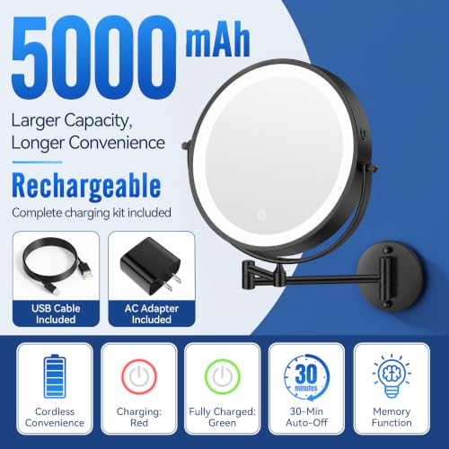Auxmir 9″ 5000mAh 1X/30X Wall Mounted Lighted Magnifying Makeup Mirror | Power Adapter&2 Tweezers Included/ 3 Dimmable Colors/ Dual Sided Button Control/ Rechargeable/ 360° Rotation Extended Arm - color: 9'' 30x-black+adapter