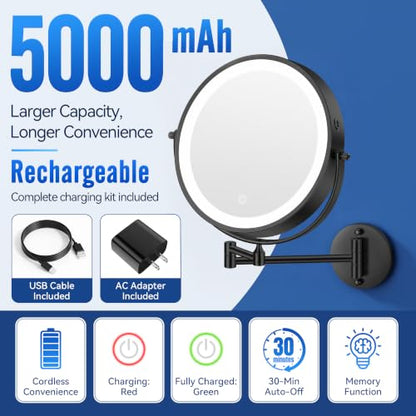 Auxmir 9″ 5000mAh 1X/30X Wall Mounted Lighted Magnifying Makeup Mirror | Power Adapter&2 Tweezers Included/ 3 Dimmable Colors/ Dual Sided Button Control/ Rechargeable/ 360° Rotation Extended Arm - color: 9'' 30x-black+adapter