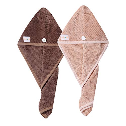 M-bestl 2 Pack Hair Drying Towels, Hair Wrap Towels, Absorbent Microfiber Hair Towel Turban with Button Design to Dry Hair Quickly(Coffee& Pink) - color: Coffee& Pink