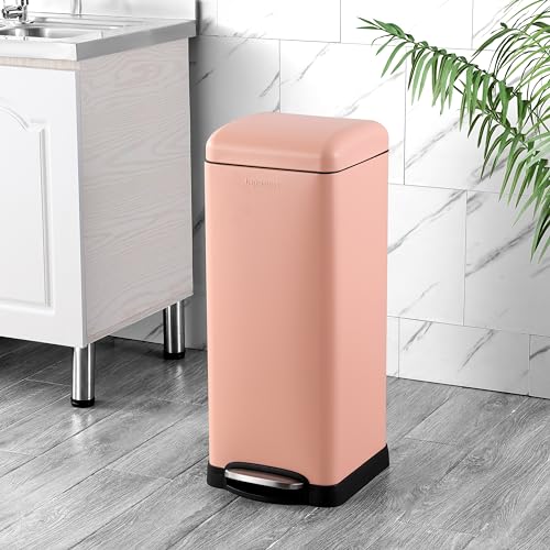 happimess Betty 8 Gal Step Trash Can Soft-Close Lid, Flamingo Pink | Removable Liner, Semi-Rectangular, Steel Pedal, Iron Powder Coated, 27" Height, Non-Skid Base - color: Flamingo Pink