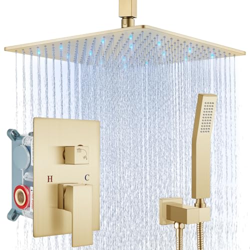 Aolemi Ceiling Shower Faucet Set with Handheld 16" LED Head Brushed Gold | Handheld Spray,16 Inch Rain LED Head,Shower Valve and Trim Kit,All Metal,Ceiling System,Bathroom Mixer - color: Gold, size: 16 Inch LED Shower Head