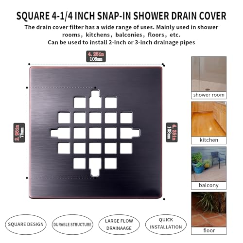 4-1/4 Inch Square Snap-in Shower Drain Oil Rubbed Bronze | 304 stainless steel Shower Strainer Grid, large flow anti-clog, 4.25 inch square size fits most household shower drains - color: Oil Rubbed Bronze