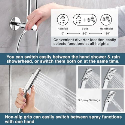 BRIGHT SHOWERS Rain Shower Heads System, Rainfall Shower Head with Handheld Spray Combo Includes Solid Brass Slide Bar, Height Adjustable Shower Holder, Shower Extension Arm and 60" Long Hose, Chrome - color: Chrome