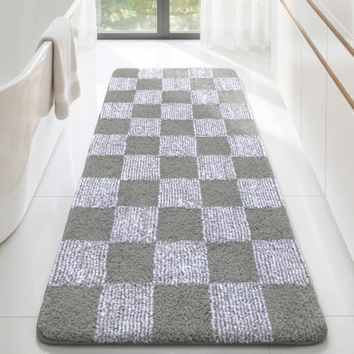 LOCHAS Long Bathroom Runner Rug 54×24, Checkered Bath Mat Non Slip, Grey | Rubber Backing Absorbent Machine Washable, Microfiber Carpet for Kitchen Bedroom Entryway - color: Grey, size: 54" x 24"