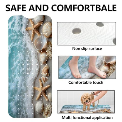 LNOND Summer Beach Bathtub Mat Non Slip, 40 X 16 Inch Tub Mat for Bathroom, Blue Sand Starfish Bath Tub Shower Mat with Drain Holes and Suction Cups - color: Blue Sand Starfish Bathtub Mat