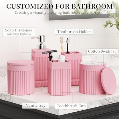 6-Piece Pink Bathroom Set - Sleek Resin Bathroom Accessories Set with Soap Dispenser, Toothbrush Holder, Vanity Tray, Tumbler & Apothecary Jars for Small Spaces - color: Pink