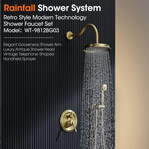 Rainfall Shower System Shower Faucet Set, Luxury, Antique, Light Gold | 9 Inch Shower Head and Handheld Spray, Pressure Balance Valve, Wall Mounted, Bathroom, Shower Trim Kit - color: Brushed Light Gold, style: With Handheld