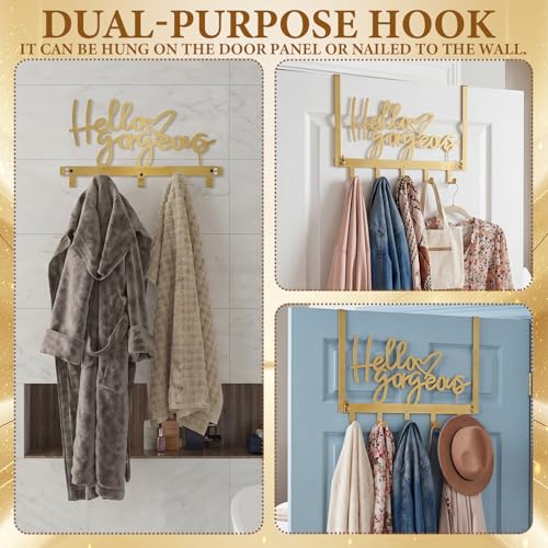Sieral "Hello Gorgeous Over The Door Hook Rack – Gold Decorative Towel Hanger with Hooks, No Drill Wall Mount for Bathroom Bedroom Entryway, Fits Doors 1.4"–1.8" Thick