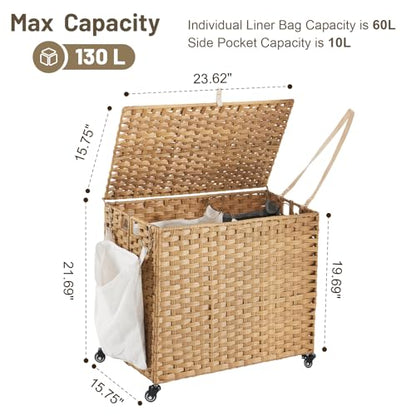 Laundry Hamper with Wheels, 34.3 Gallon(130L) Rolling Laundry Basket with Lid, Removable Large 2 Color Liners & 3 Mesh Laundry Bags, Clothes Hamper with Side Pocket, Natural - color: Natural, size: 23.62"L x 15.75"W x 21.65"H