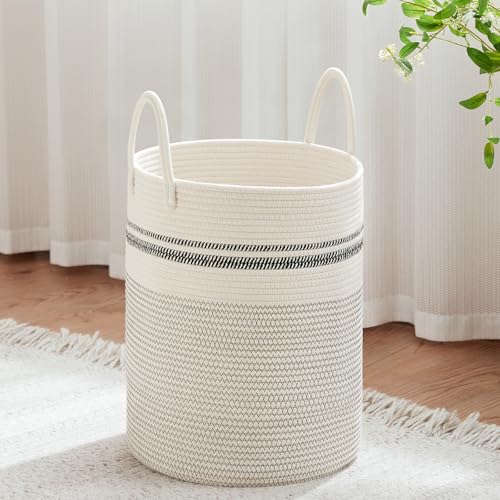VIPOSCO 53L Tall Woven Laundry Basket Hamper, Stripe White | Cotton rope laundry hamper, collapsible wicker basket, storage for blanket, toys, dirty clothes, for bedroom, bathroom - color: Stripe White, size: 53L