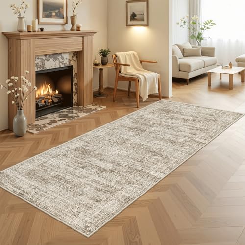 Soalmost Washable Kitchen Runner Rug 3x6 Hallway Entry Rugs Non-Slip, Brown | Vintage Runners 6ft for Bathroom Laundry Room, Foldable Low-Pile Floor Carpet Mat for Entryway Corridor Bedroom - color: Brown, size: 3' x 6' (Runner)