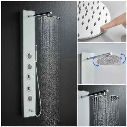 4-in-1 Glass Shower Panel Tower System Stainless Steel White | 51 inch shower panel l 9" rain shower head | 3 massage jets | Handheld shower | Tub spout | Glass + steel design | Wall mount - style: Round Shower