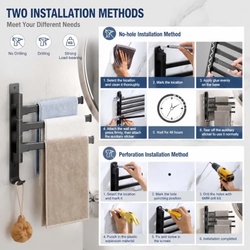 2-5 Arms Swivel Towel Rack Bath Towel Holder with Hook Swing Arm Towel Rack Wall Mount for Bathroom Kitchen-Grey 3Arm - color: Grey, size: 3-arm